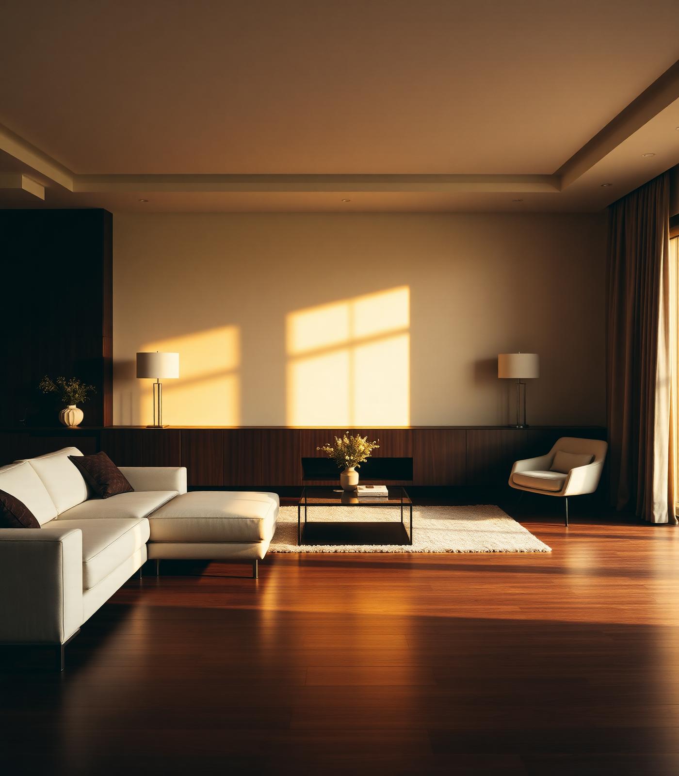 Warm, spotless modern living room bathed in afternoon light
