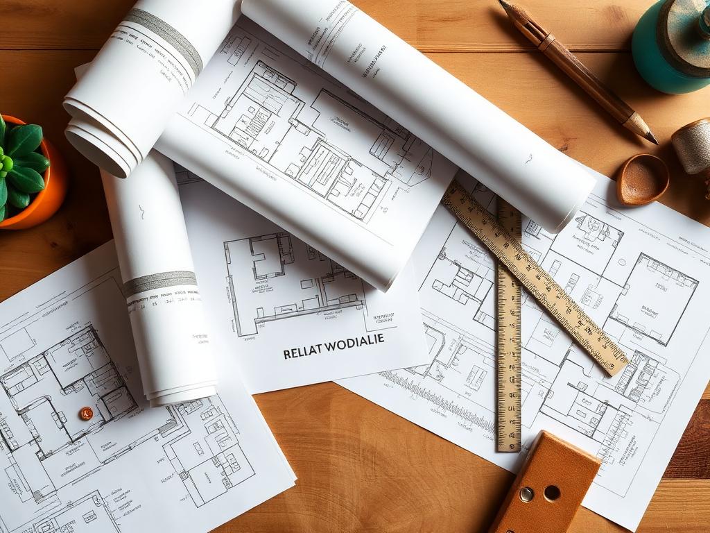 Architectural house plan drawings, rolled blueprints and a scale ruler on a warm wood desk